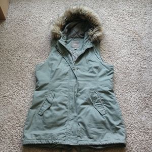 Olive Quilted Vest with Fur Hood